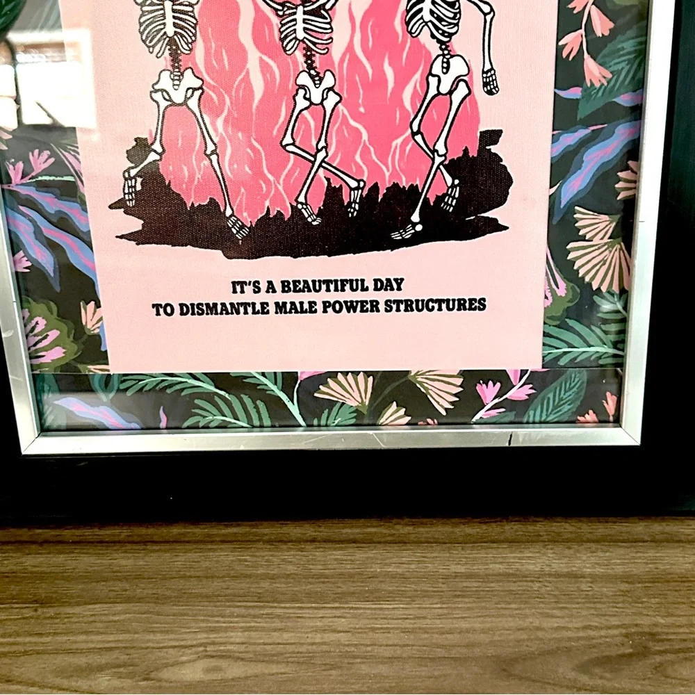 Burn the Patriarchy Skeleton Fire Pink Moody Floral Canvas Art Print Framed Art